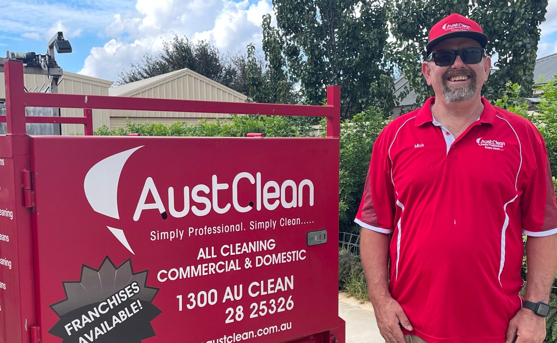 Mildura Interior Cleaning Services 23 AustClean professional franchise team member in branded uniform showcasing AustClean mobile cleaning equipment and franchise opportunities - expert exterior cleaning services across Queensland and Australia with local franchise support