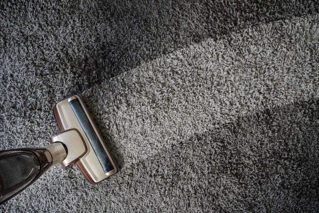 Vacuum cleaner head gliding across grey carpet fibers leaving visible clean trail in residential home Golden Beach