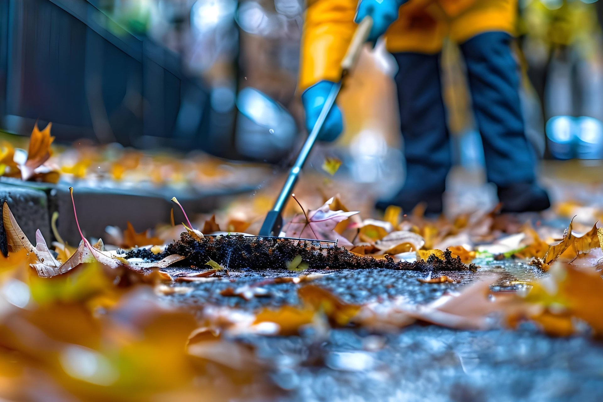 Preparing Your QLD Home for Storm Season: The Cleaning Checklist 1 Worker in blue gloves and yellow jacket raking autumn leaves from concrete pavement during seasonal yard cleanup Mountain Creek