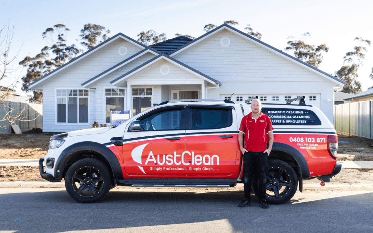 Cobram/Barooga Cleaning Services 15 AustClean franchise owner with commercial cleaning vehicle – professional franchise business opportunity in Australia.